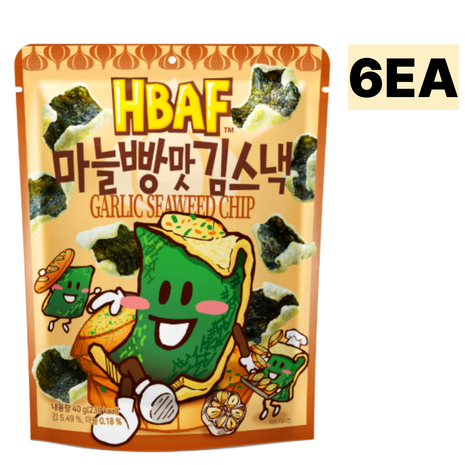 HBAF Pan de Ajo Algas Chip 40g x6 Coreano Crujiente Laver Snack Salado Ajo
