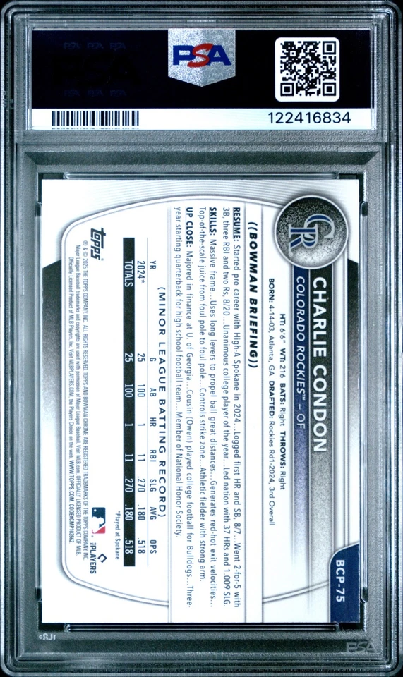 2025 Bowman Mega Box Charlie Condon 1st Bowman #BCP-75 PSA 10 Gem Mint - Image 2 of 2