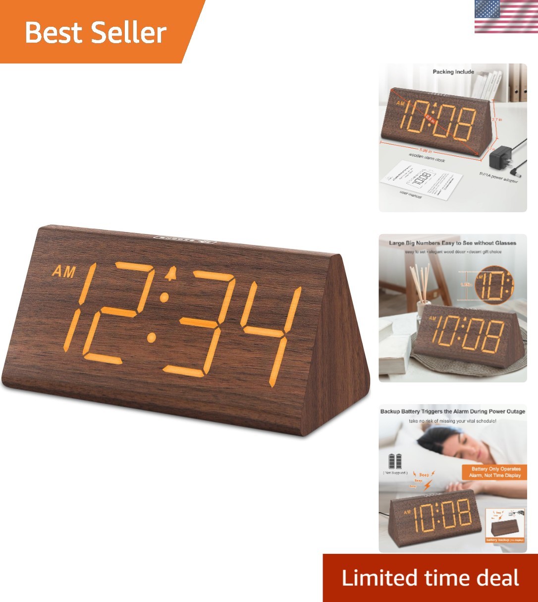 Wooden Digital Alarm Clock with Large Numbers USB Port Loud Volume Dimmer
