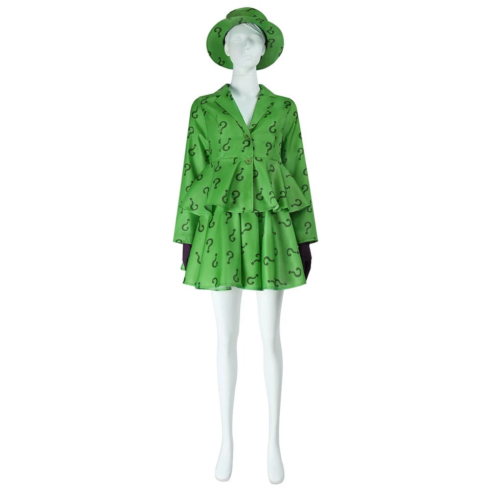 Woman Riddler Cosplay Costume Gotham Green Coat Skirt Hat Riddler Halloween  - Image 3 of 4
