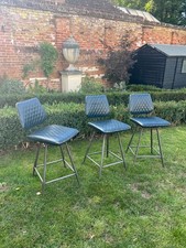 Set of 3 Industrial-Style Bar Stools – Blue Leather Upholstery