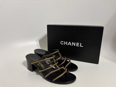 Vtg Chanel SS1997 Black Leather Gold Chain Heels 37