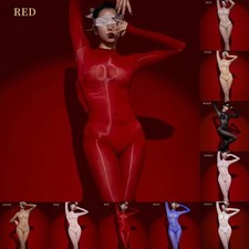 Women Oil Shiny Full Bodysuit Body Stockings Sheer See Through Tight Leotard