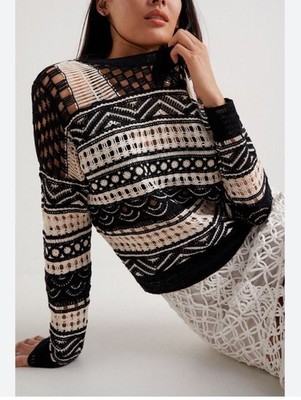 Desigual Women s Crochet Pullover Sweater Top Blouse M Black White
