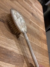 Vintage Vanity Hairbrush Embroidery Flowers Design Silver Colour Wooden
