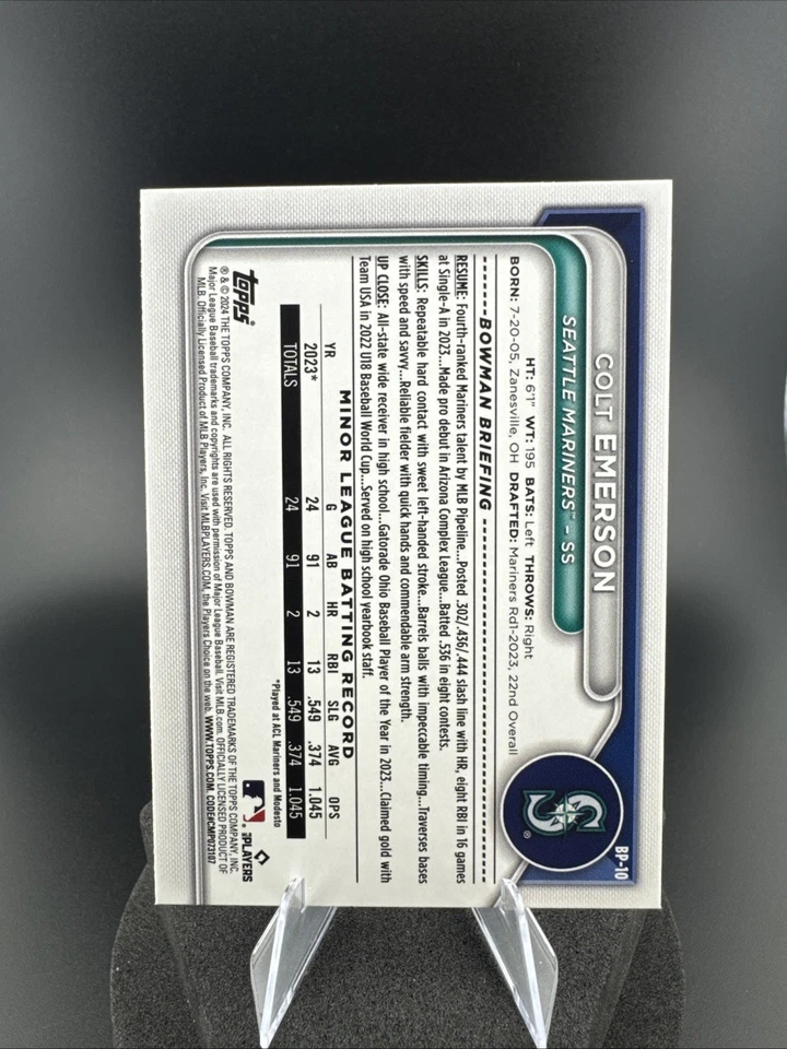 2024 Bowman - Prospects Colt Emerson #BP-10 Blue Pattern /125 (RC) - Image 2 of 2