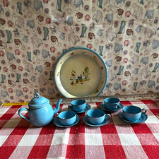 Toy Vintage enamelwareDutch Blue Child Tea Set Teapot Cups Saucers Tray 3 