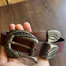 Vintage brown leather western-style belt silver toned concho buckle accents S