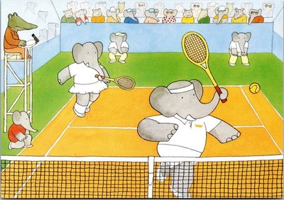 Babar en Tennis 1990年 ブリュノフ アートポスター Babar the Elephant Tennis Match Postcard Laurent de Brunhoff 1990