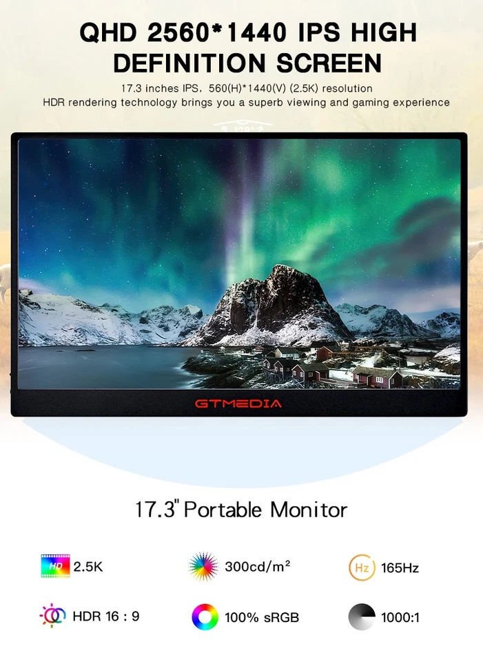 2.5K 165Hz 17.3" Portable Monitor Gaming Freesync Screen 2 * USB C HDMI For Xbox - Image 2 of 4
