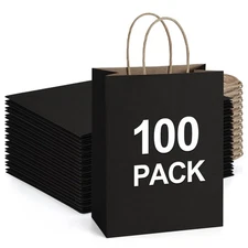 Recyclable Kraft Paper Gift Bag, 8X4.25X10.5 Inches, 100Pcs, Black, with Handles