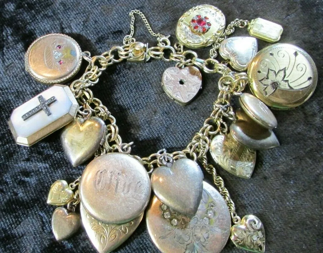 RARE 1800's Gold Victorian Heart Locket Charm bracelet 18