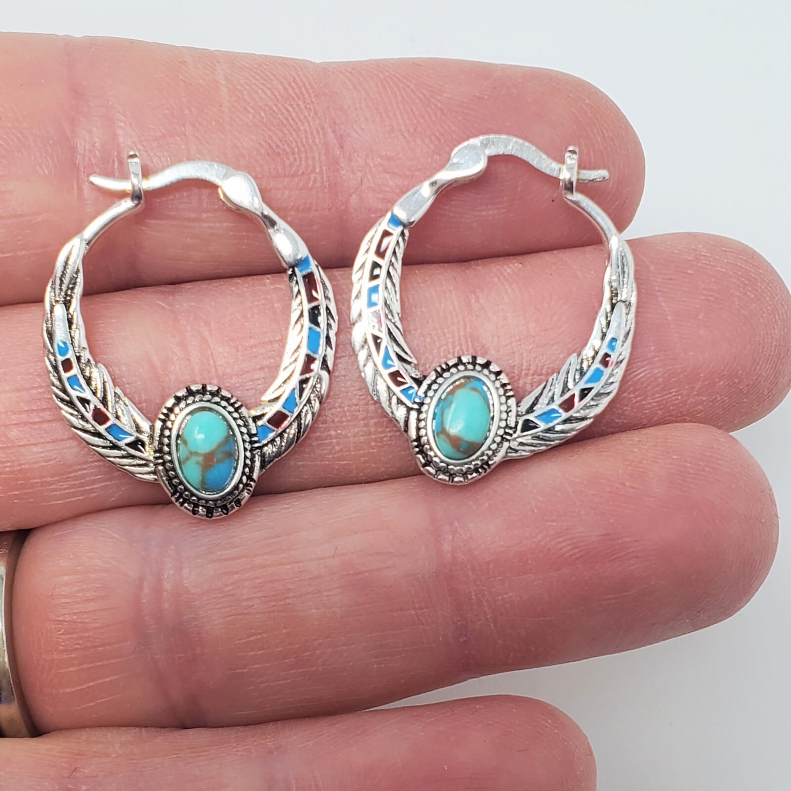 Sterling Silver Hoop Earrings with Genuine Turquoise Stone and Feather