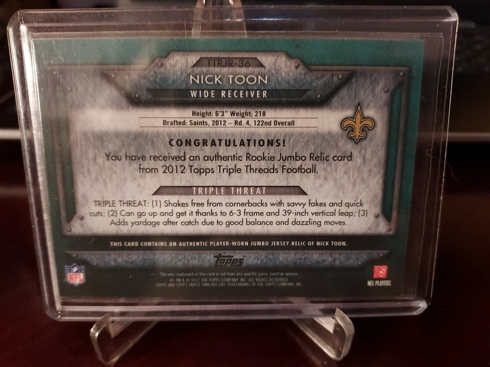 2012 Topps Triple Threads Jumbo Relic Emerald #33/50 Nick Toon #TTRJR-36 Rookie - Image 4 of 4