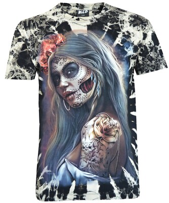 Tie Dye T-Shirt Frau mit Tag der Toten La Catrina Tattoo Glow inDark von Wild