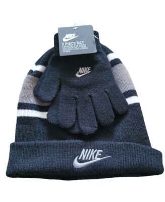 Nike Boys Youth Black Gray White Stripe Knit Beanie Hat with