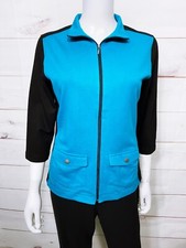 Weekends By Chico's Womens Jacket Sz 0 Blue  Black Full Zip Pockets 3/4 Sleeve