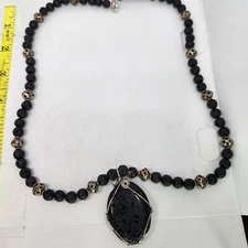 Natural Lava Rock Volcano Stone Beaded Necklace Obsidian Wrapped Chunky Pendant