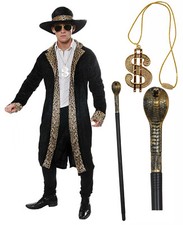 Mens Leopard Black Pimp 70s 80s Fancy Dress Costume Snake Cane Dollar Medallion