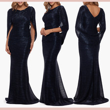 NEW Betsy  Adam  16  Metallic Crinkle Cape Sleeve Trumpet Gown Navy S1483