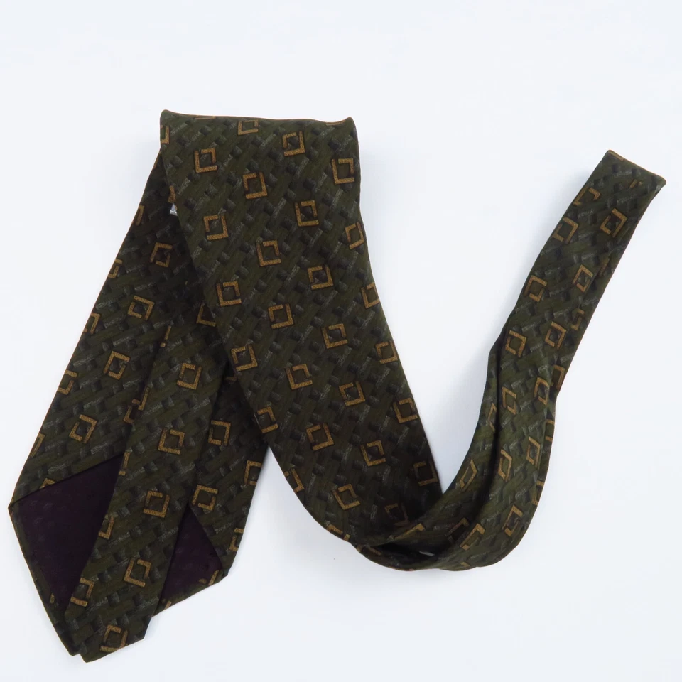 Vintage Van Heusen Mens Neck Tie Green Gold Squares Pattern 100% Silk 56"x4" - Image 4 of 4