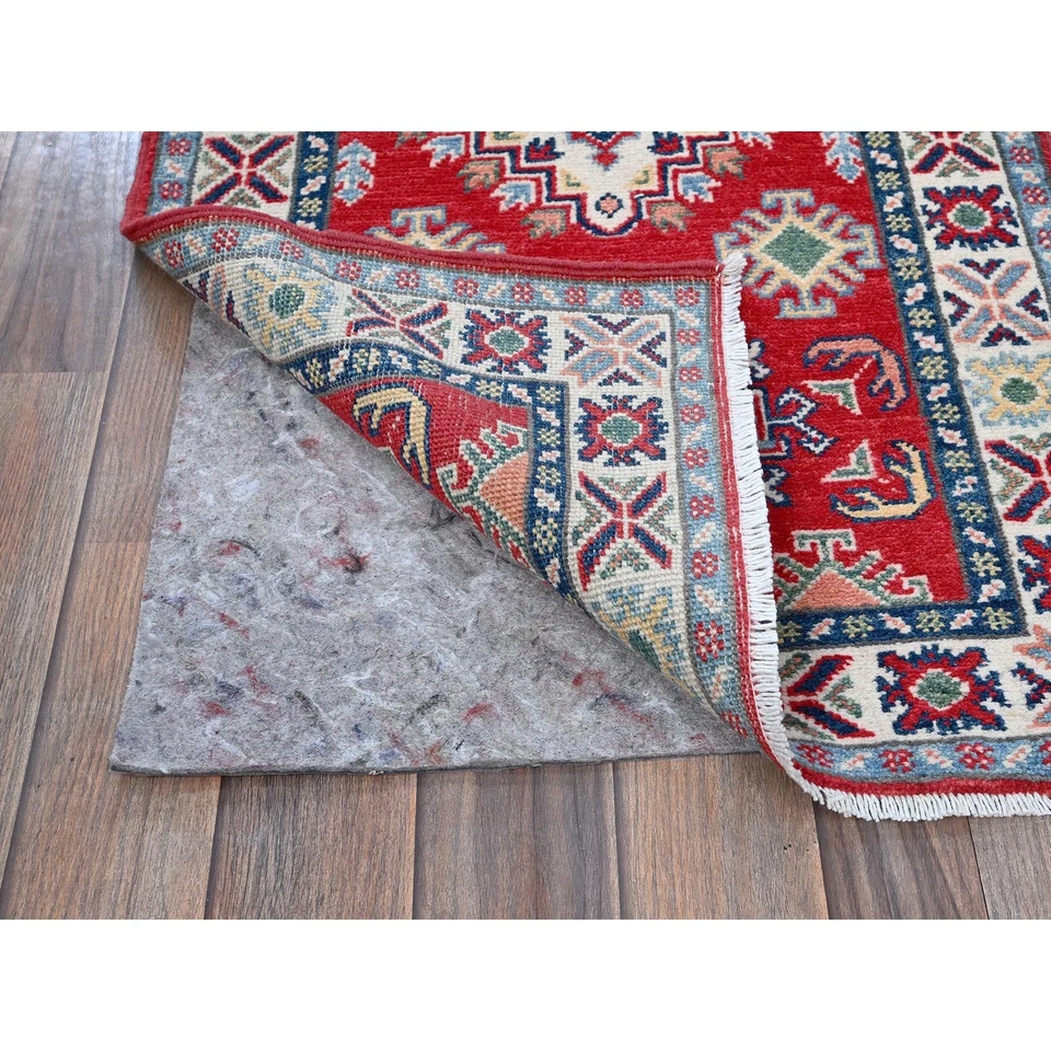 2'x5'9" Red Kazak with Medallions Design Hand Knotted Soft Wool Runner Rug R506 - Image 3 of 4