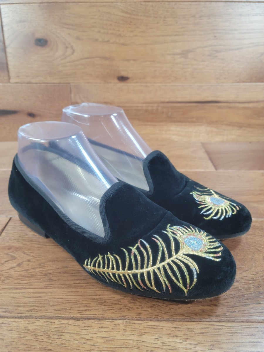 STUBBS & WOOTTON Womens Black Velvet Feather Slip-On Loafers  display picture 3