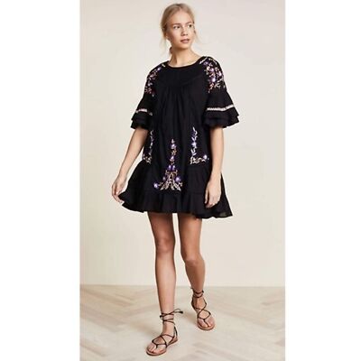 free people pavlo embroidered dress Free People Pavlo Embroidered Babydoll Tunic Mini Dress Black Floral Boho XS