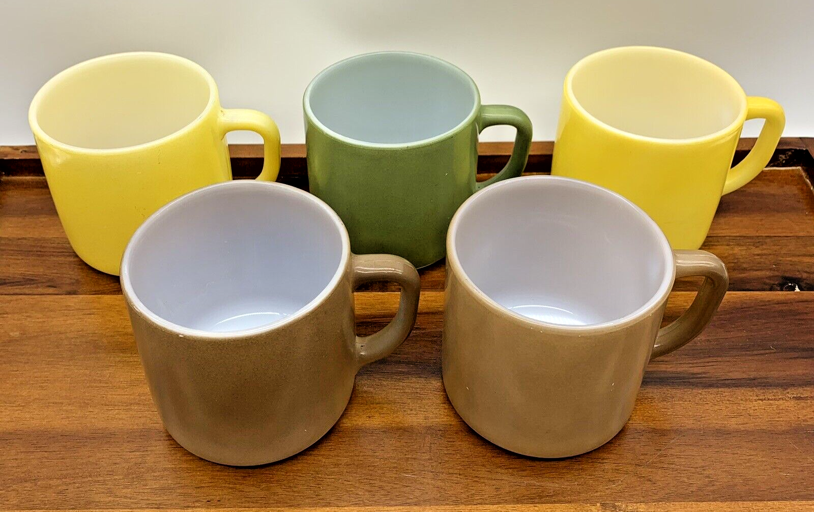 Vintage Set of 5 Federal Glass Multicolor MCM Coffee Cup Mug D Handles Yellow