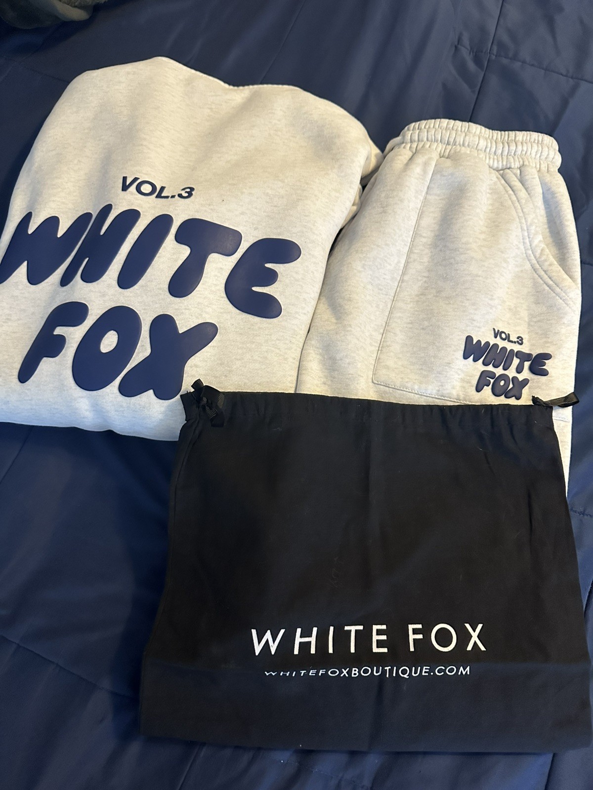 White Fox Vol. 3 Heather Grey Oversized Sweat Set Hoodie and Joggers and bag S/M