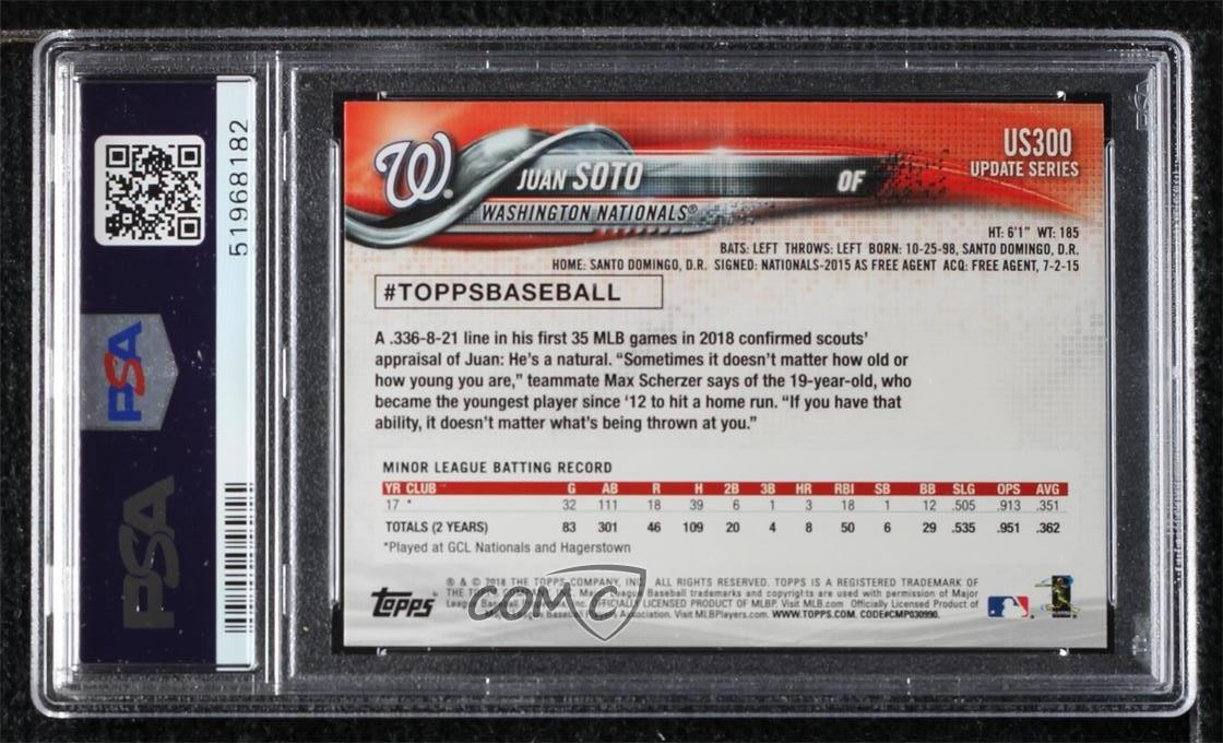 2018 Topps Update Juan Soto (Vertical Blue Jersey) #US300 PSA 9 MINT Rookie RC view 2