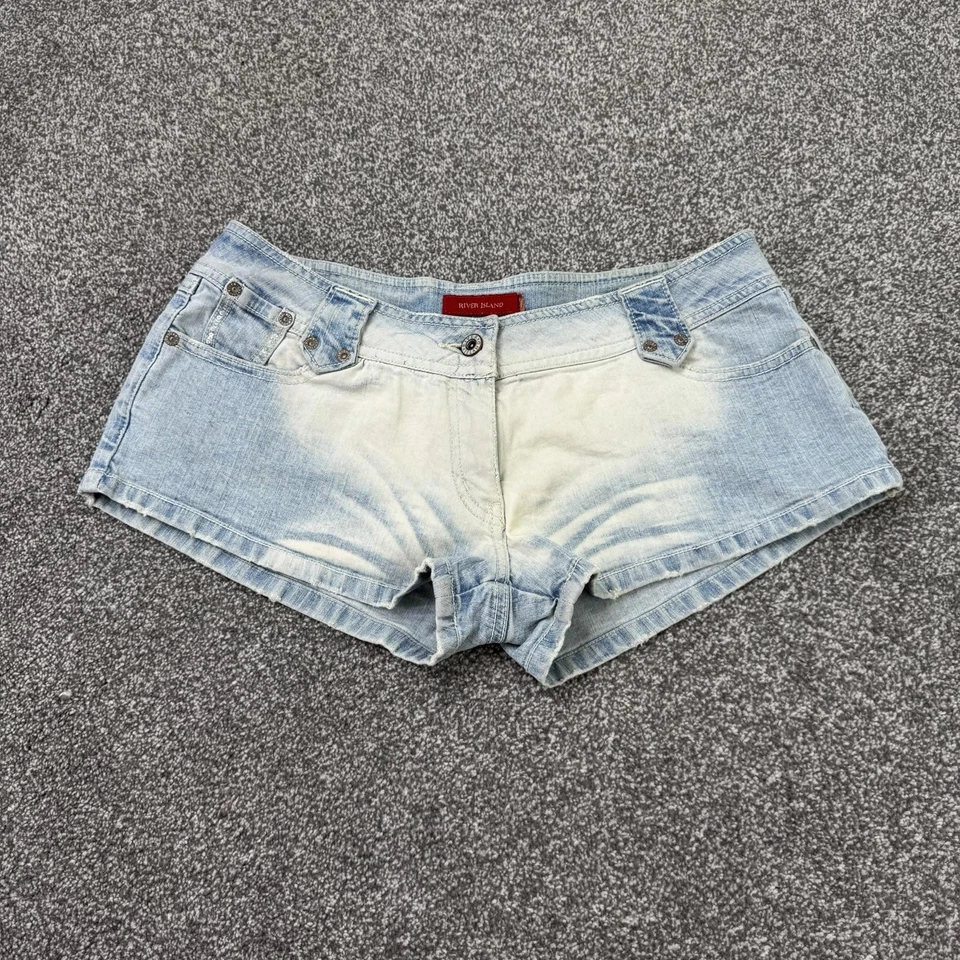 Y2K vintage low rise denim mini shorts faded hope slogan patchwork embroidered  - Image 3 of 4