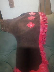 #CHAP-PAREL by Gerald Roberts Brown Suede Chaps *Red Maple LeafsDesign Vintage