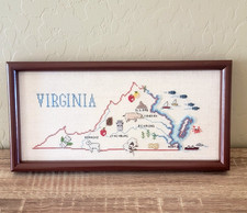 Vtg Framed Cross Stitch VIRGINIA Map Folk Art Completed 12 X 6 Old Rag Fairfax