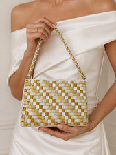Vintage Ivory  Gold Beaded Hand Bag Purse Made in Hong Kong Formal Bridal NEW