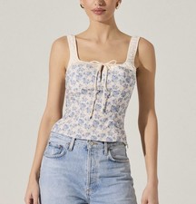 ASTR The Label Milkmaid Top Blue Floral Corset Tie Front Cotton L Cottagecore