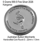 Round Coin 5 Grams 2026 Australian Kangaroo 999.5 Silver Bullion ABM Handmade