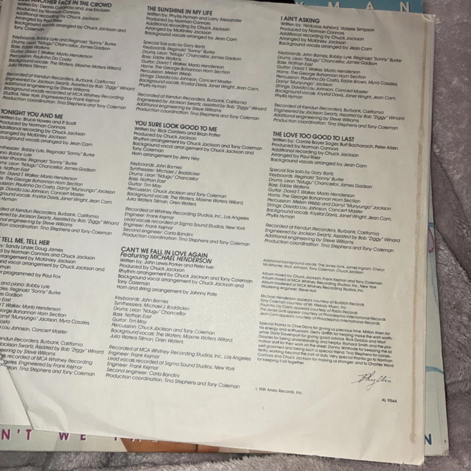 Phyllis Hyman" CAN'T WE FALL IN LOVE.". ARISTA RECORDS U.S LP VINYL 1981. VG+ - Image 4 of 4