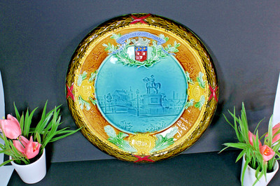 XL antique barbotine majolica plate napoleon esctucheon 