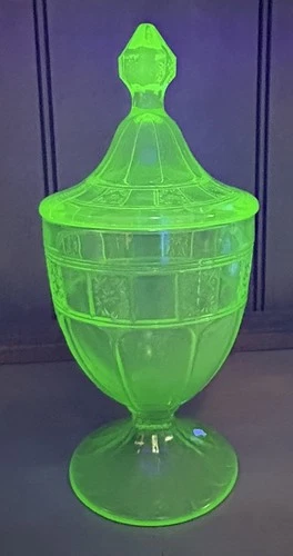 Vintage Jeannette Doric Candy Dish Jar and Cover Depression Uranium Glass