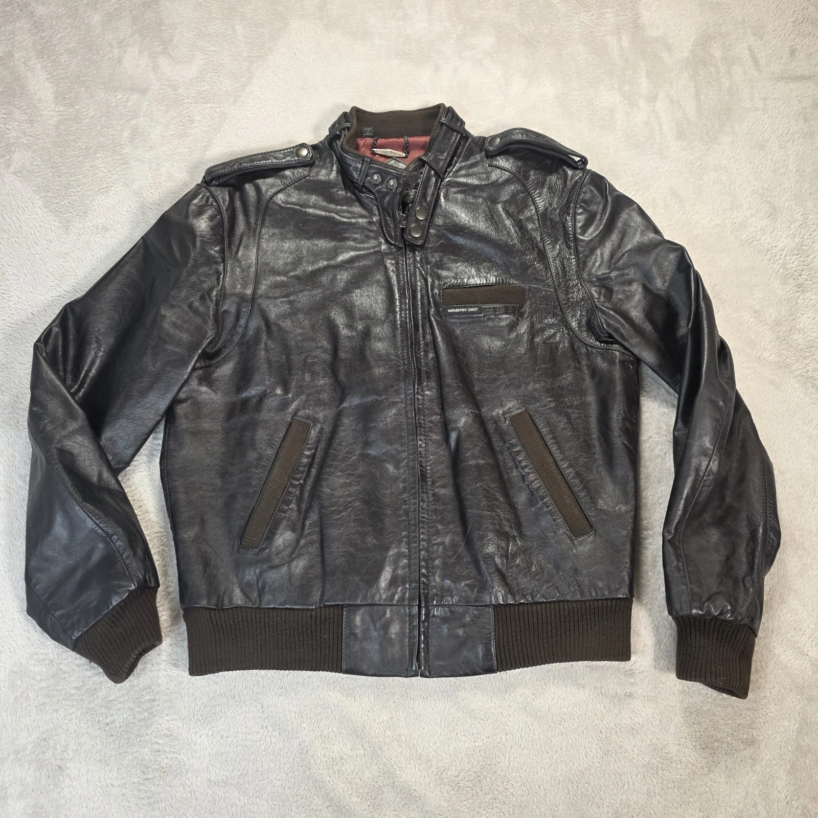 Vintage Members Only Leather Bomber Jacket Mens 40 Medium Brown Knit Cuffs Biker