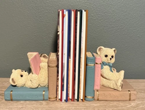Vintage stone critters Teddy Bear Bookends, baby nursery books 