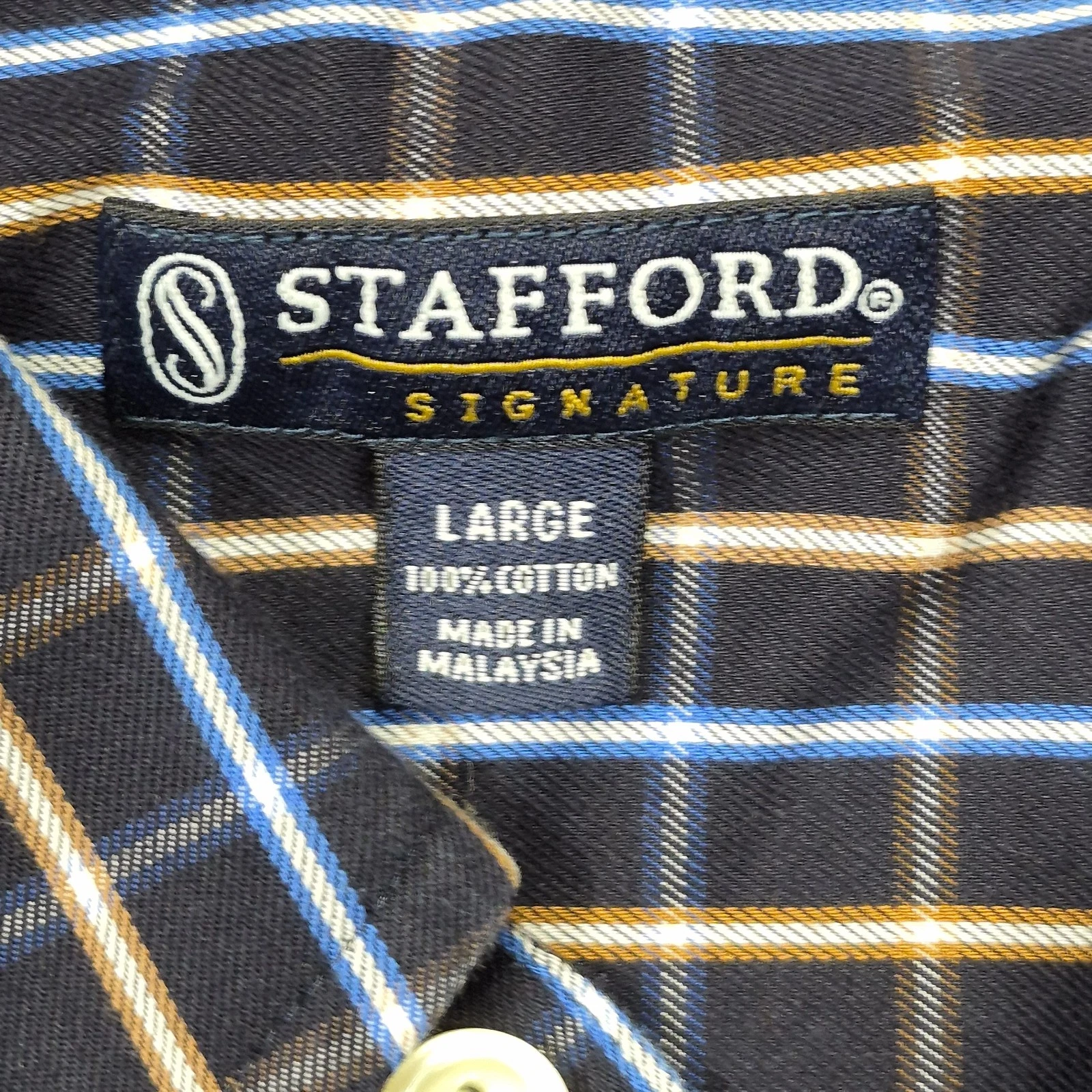 Stafford Signature Mens Shirt L Blue Yellow Plaid Button Down Wrinkle Iron Free image 9