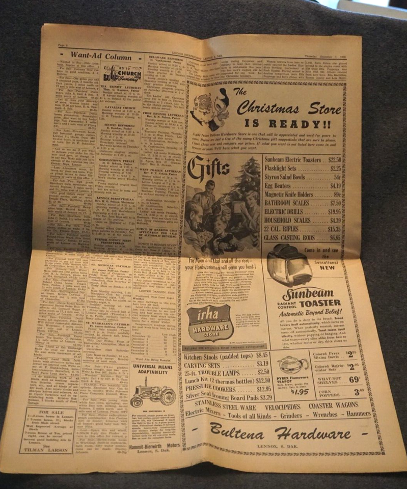 Vintage Lennox Independent Newspaper Dec 7th 1950 Lennox South Dakota