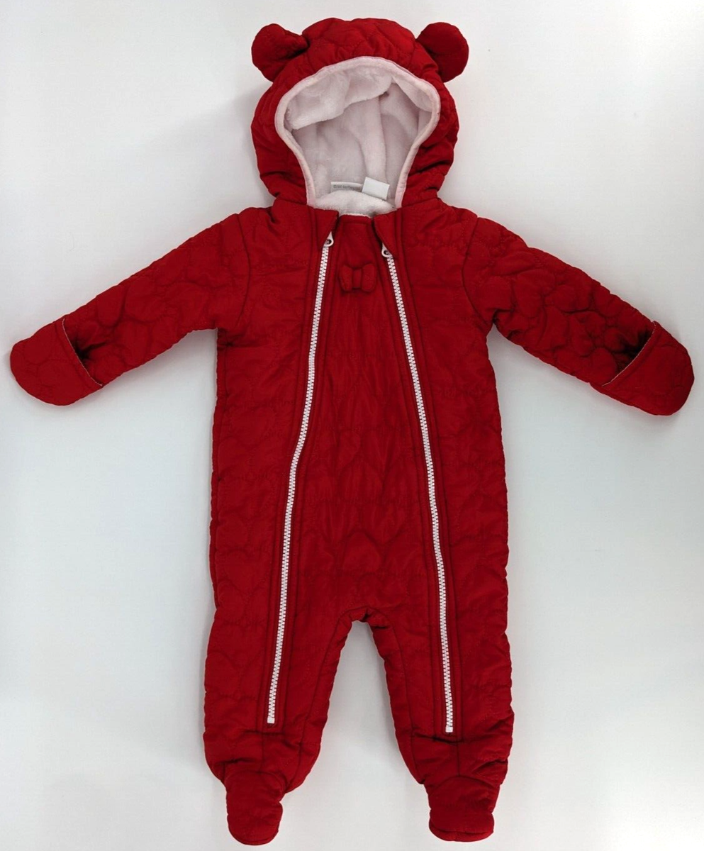 Koala Baby Girl Red Quilted Heart Hooded Pram Jumpsuit Size 6-9 Months