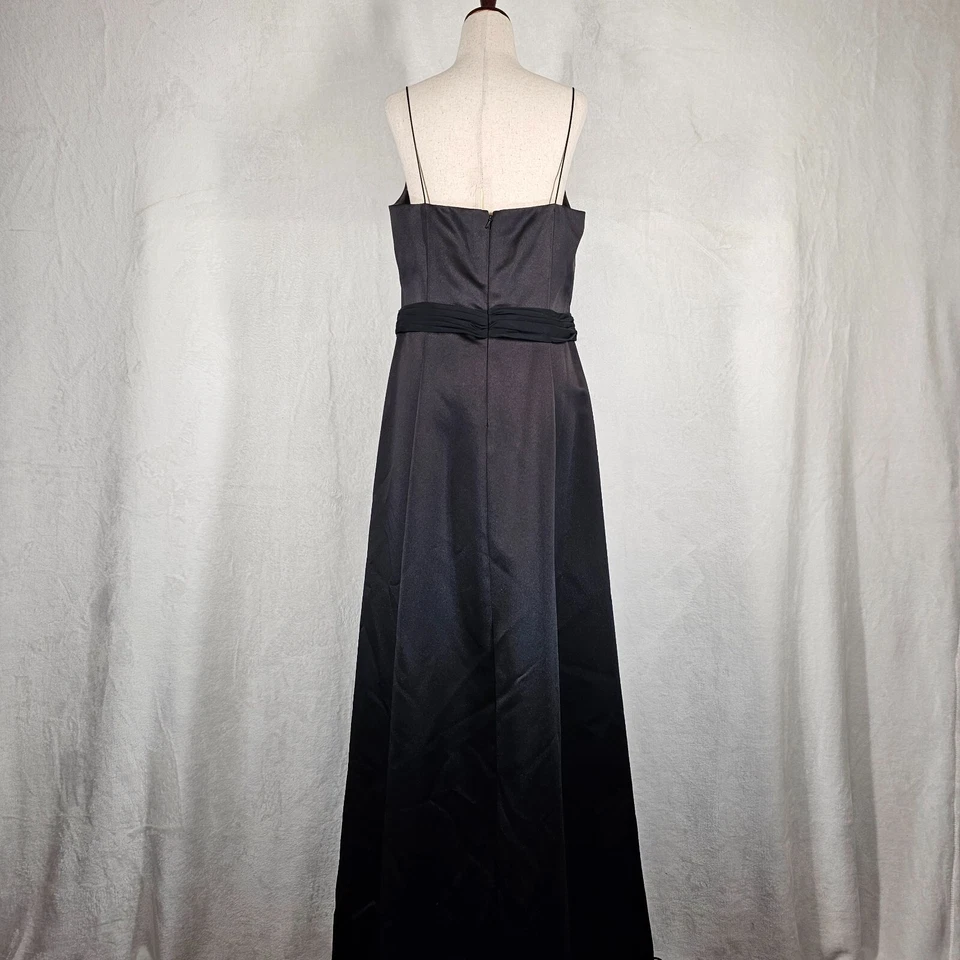 Davids Bridal Black Satin Formal Dress Sz 12 Spaghetti Strap Belted A-Line Prom - Image 3 of 4