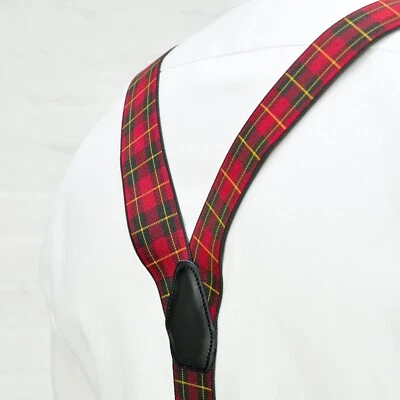 VILLAGE LEATHERS Tartan Braces - Red Green Yellow Clip On Elastic Suspenders Handmade UK