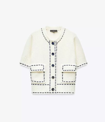 BNWT ZARA WOMAN Ivory & Navy CONTRAST STITCH KNIT JACKET CARDIGAN S 6 8 - Picture 4 of 7