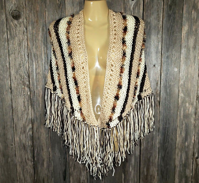 NEW Shawl Wrap Scarf Boho Hippie Hand Knit Festival Beige Brown Artsy Indie Mod