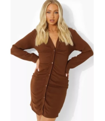 BOOHOO CHOCOLATE LINEN LOOK RUCHED SHIRT DRESS sz 10 | eBay